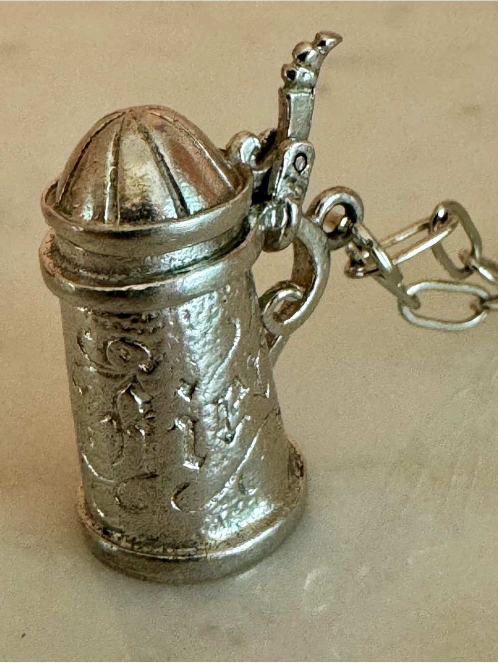 Vintage Sterling Silver Miniature Articulated Beer Stein Charm with Fancy Script